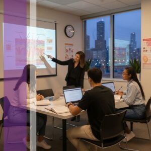instructor pointing to a diagram of skin anatomy projected on a screen in a classroom