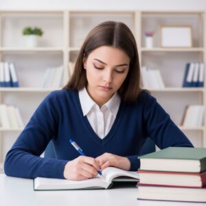 focused student studying for an esthetician exam with textbooks