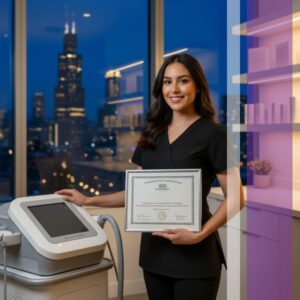 smiling young woman in a black esthetician uniform holding up a framed certificate