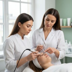 instructor guides a student performing a microdermabrasion treatment on a client