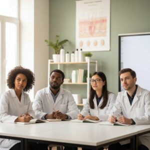 group of students in white coats attentively listens in a classroom