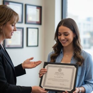 A recent graduate happily receives their esthetician license.