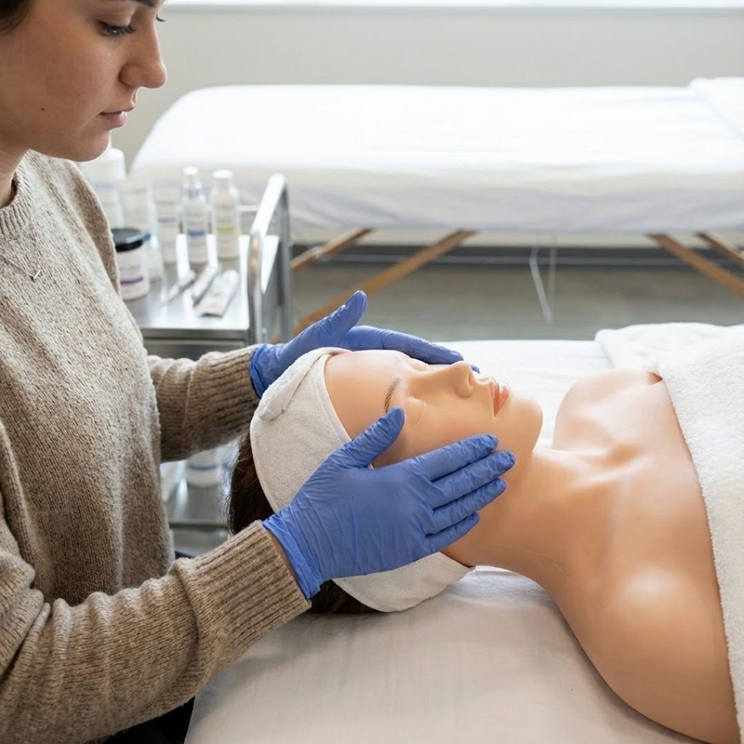 An esthetics student wearing gloves practices a facial massage technique on a mannequin head in a training room.