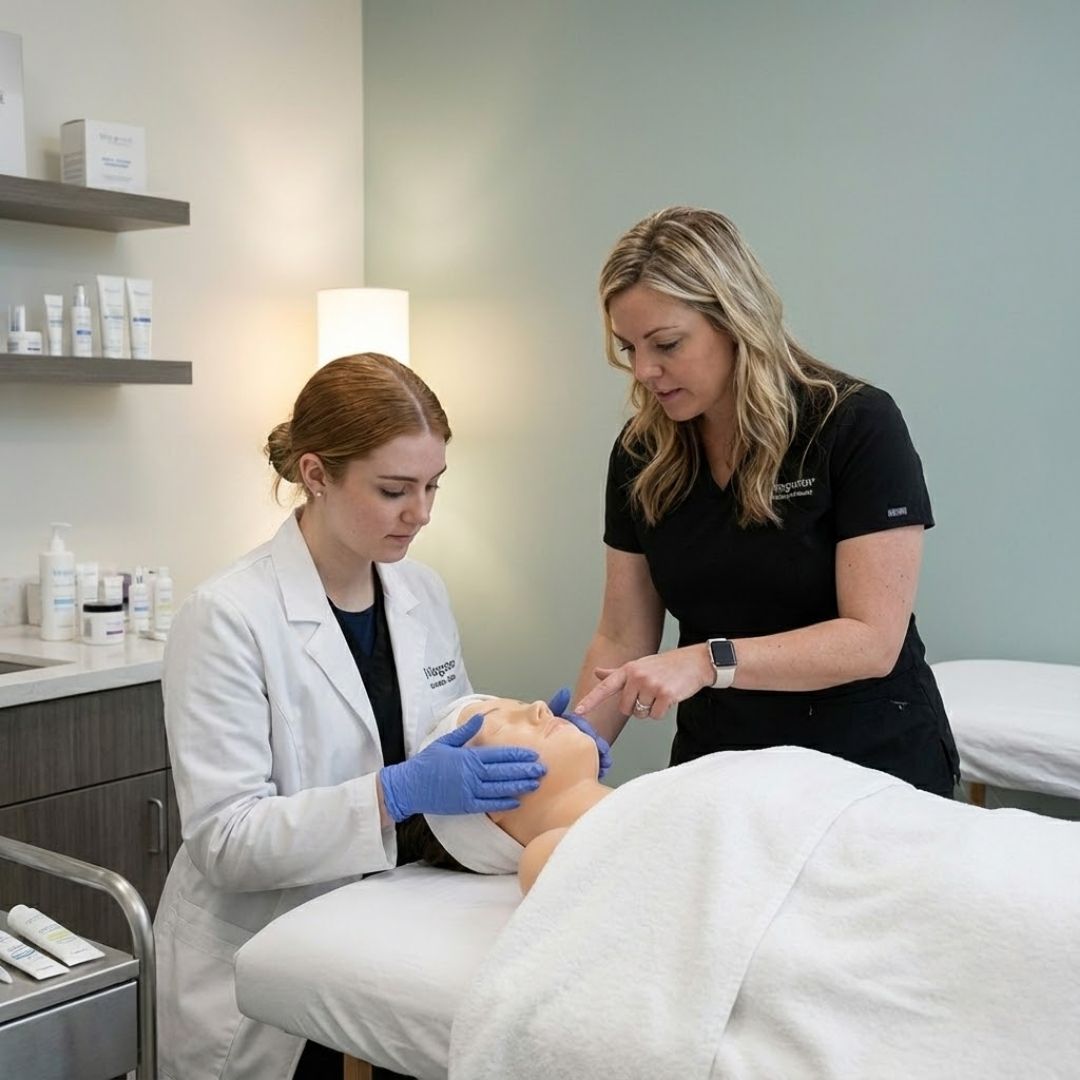 An esthetics student performs a facial on a client in a spa treatment room while an instructor supervises.