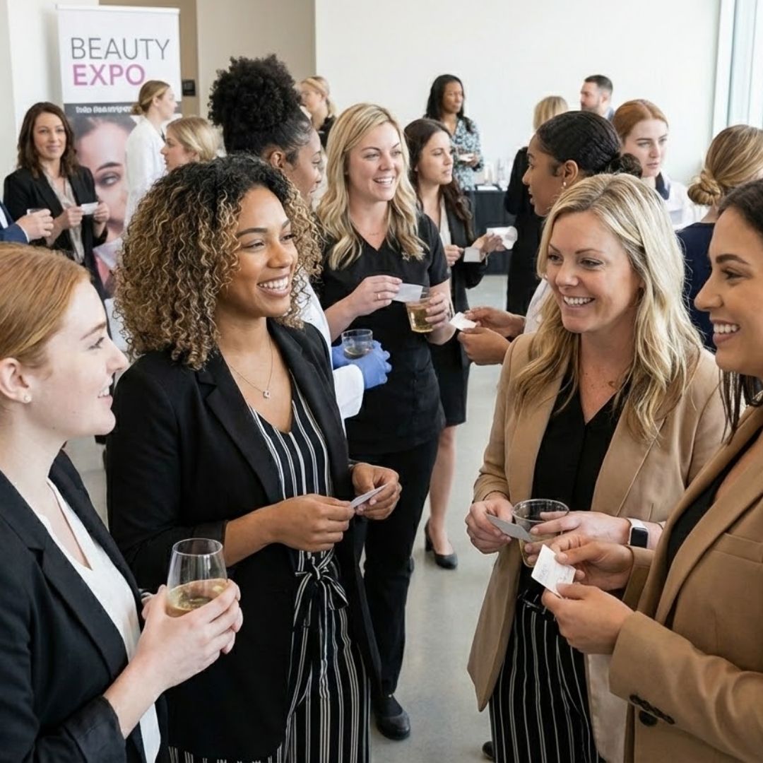 A diverse group of beauty professionals and students are networking and smiling at a business event.