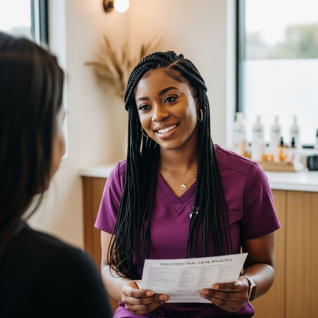 An esthetics student in plum scrubs conducting a professional skin analysis consultation with a client.