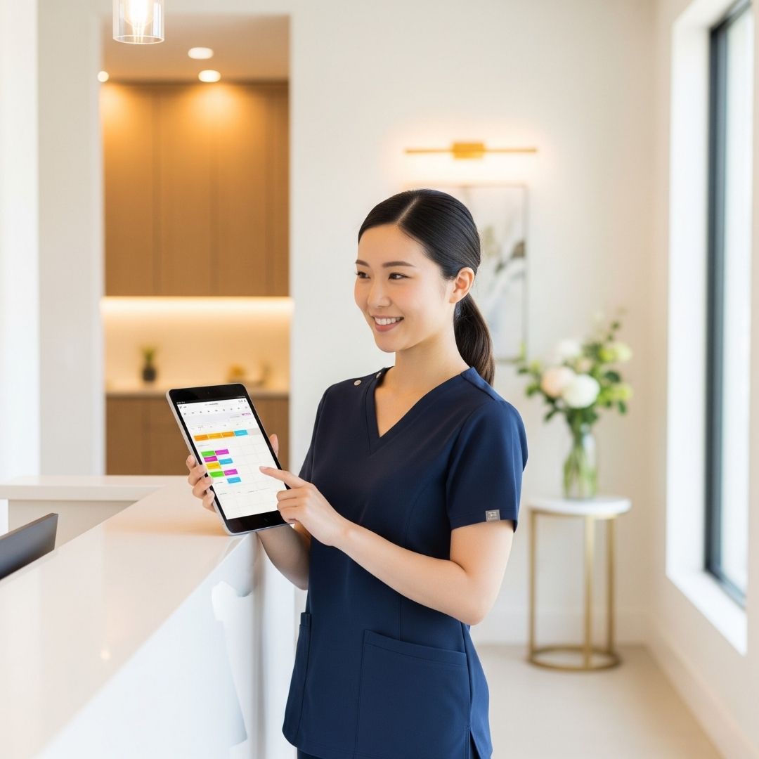 An esthetics student in navy scrubs managing a digital appointment schedule on a tablet at a modern spa reception desk.