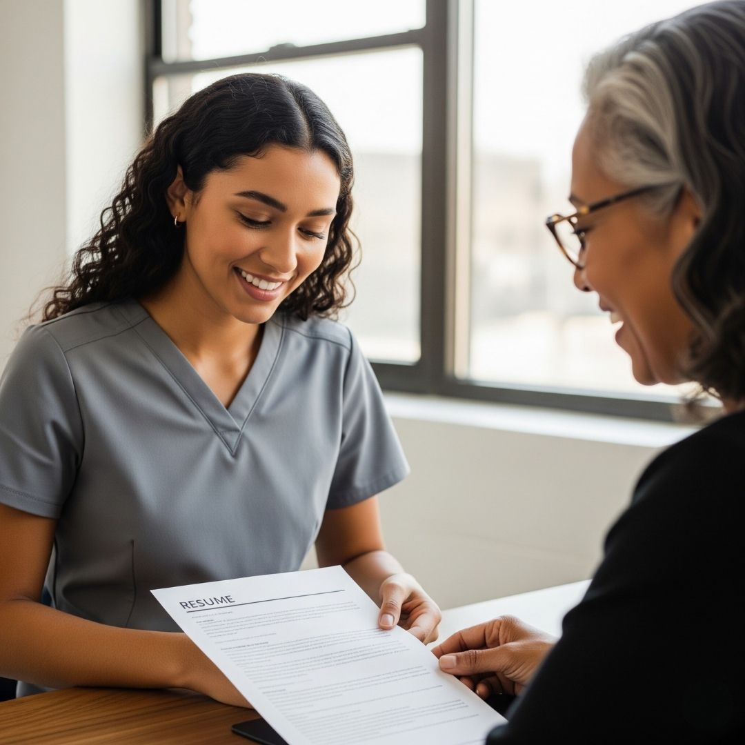 An esthetician student in grey scrubs reviewing a resume with a career advisor in a bright, modern office.