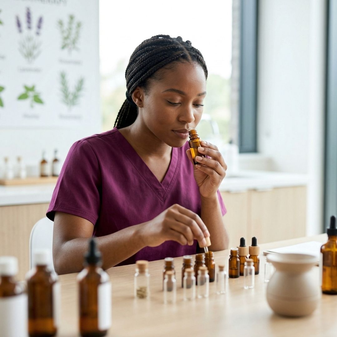 An esthetics student in plum scrubs smelling a bottle of essential oil while learning about aromatherapy and oil blending.
