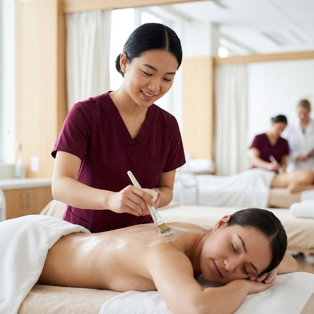 An esthetics student in maroon scrubs using a professional brush to apply a body mask to a client's back in a spa clinic.