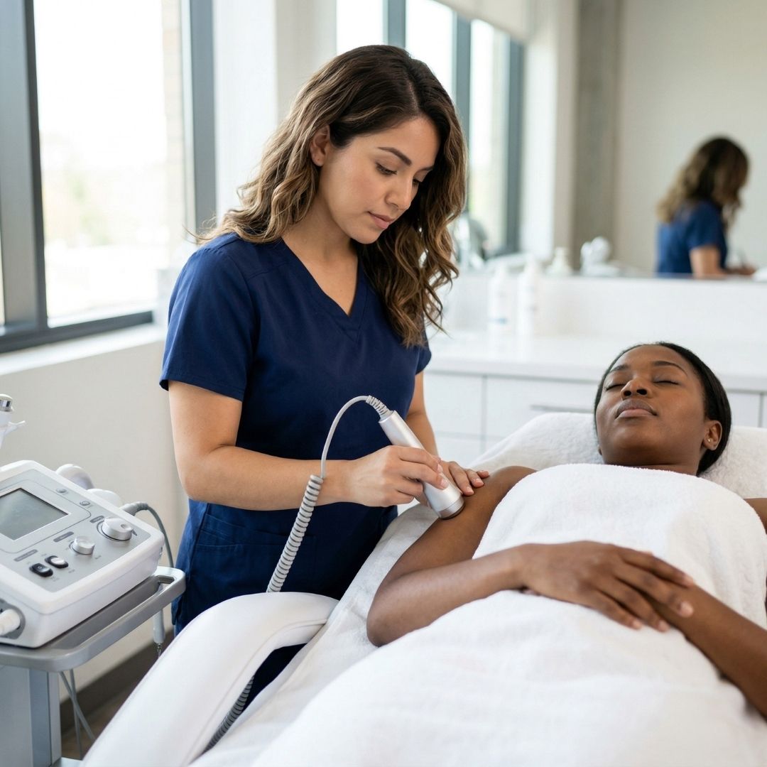 An esthetics student in navy scrubs using a handheld aesthetic device to perform a specialized body treatment on a client’s arm.