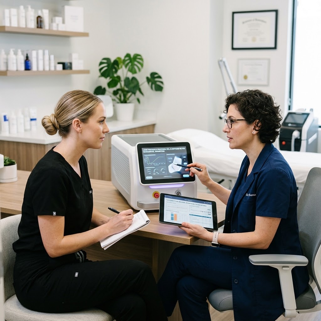An aesthetician and a medical professional discuss specialized laser treatments in a clinic environment.
