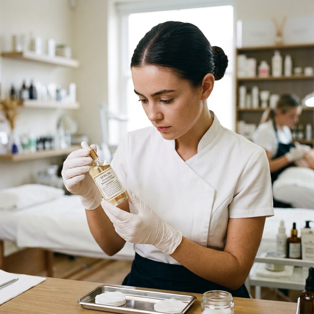 A focused female esthetics student wearing clean white nitrile gloves holds an elegant, unbranded glass bottle of serum, intently reading the ingredient list on the product label.