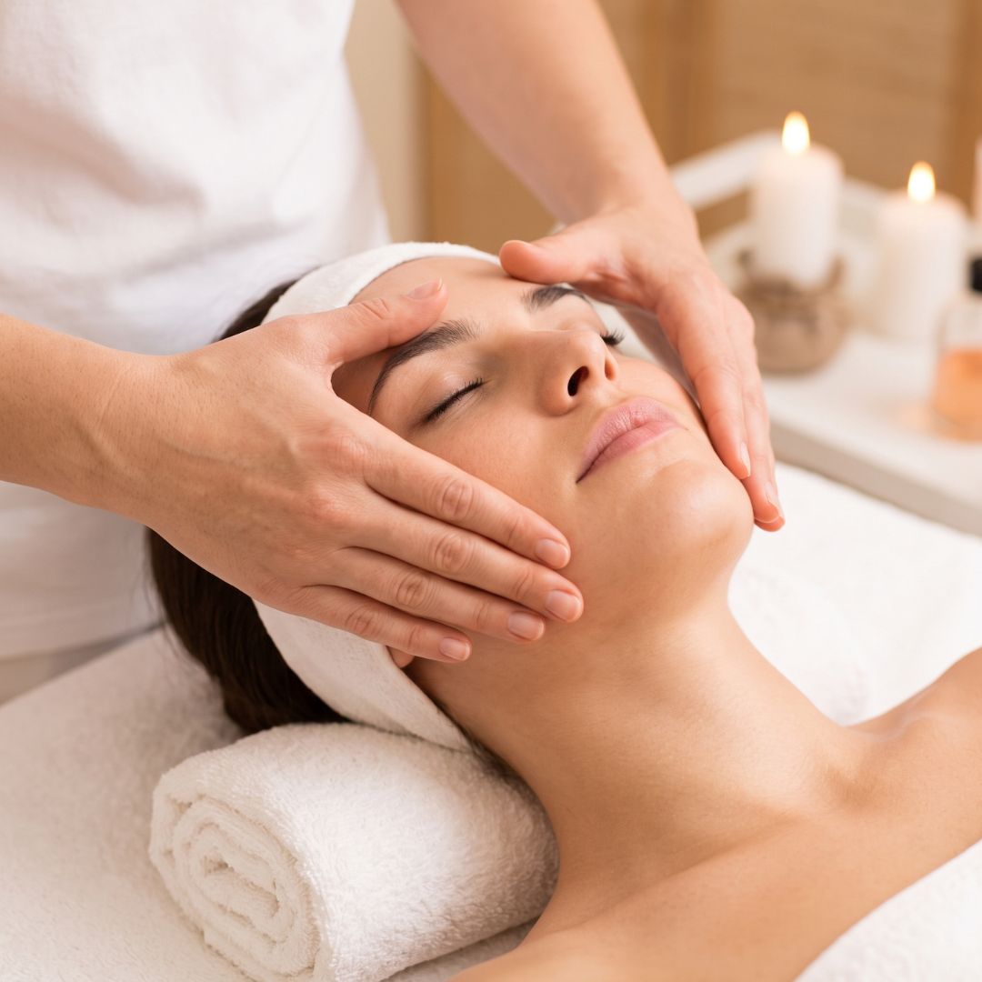 Close-up of hands perform a soothing facial massage on a client with closed eyes in a spa environment.