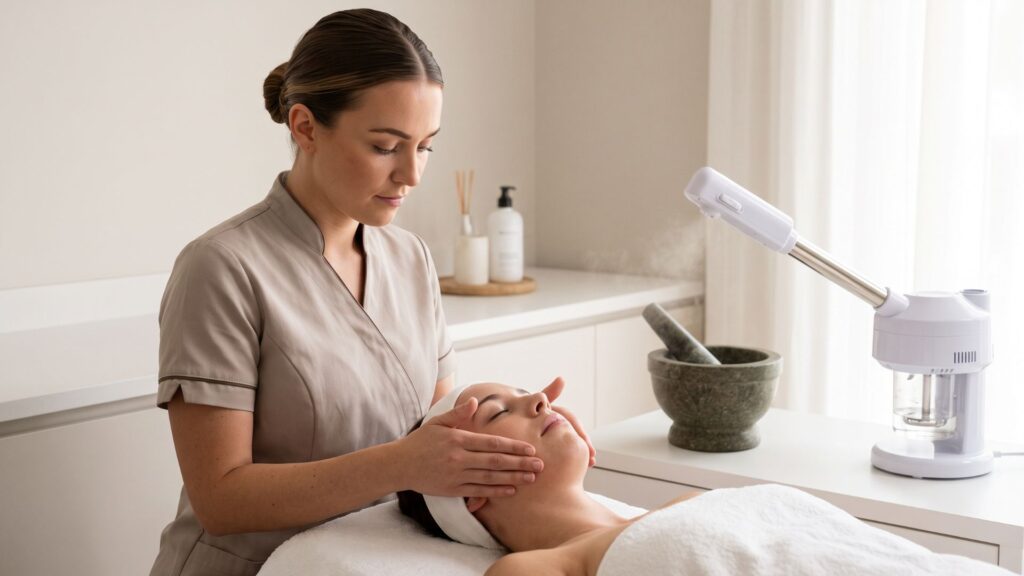 A professional esthetician performing a facial treatment, blending traditional and modern techniques.