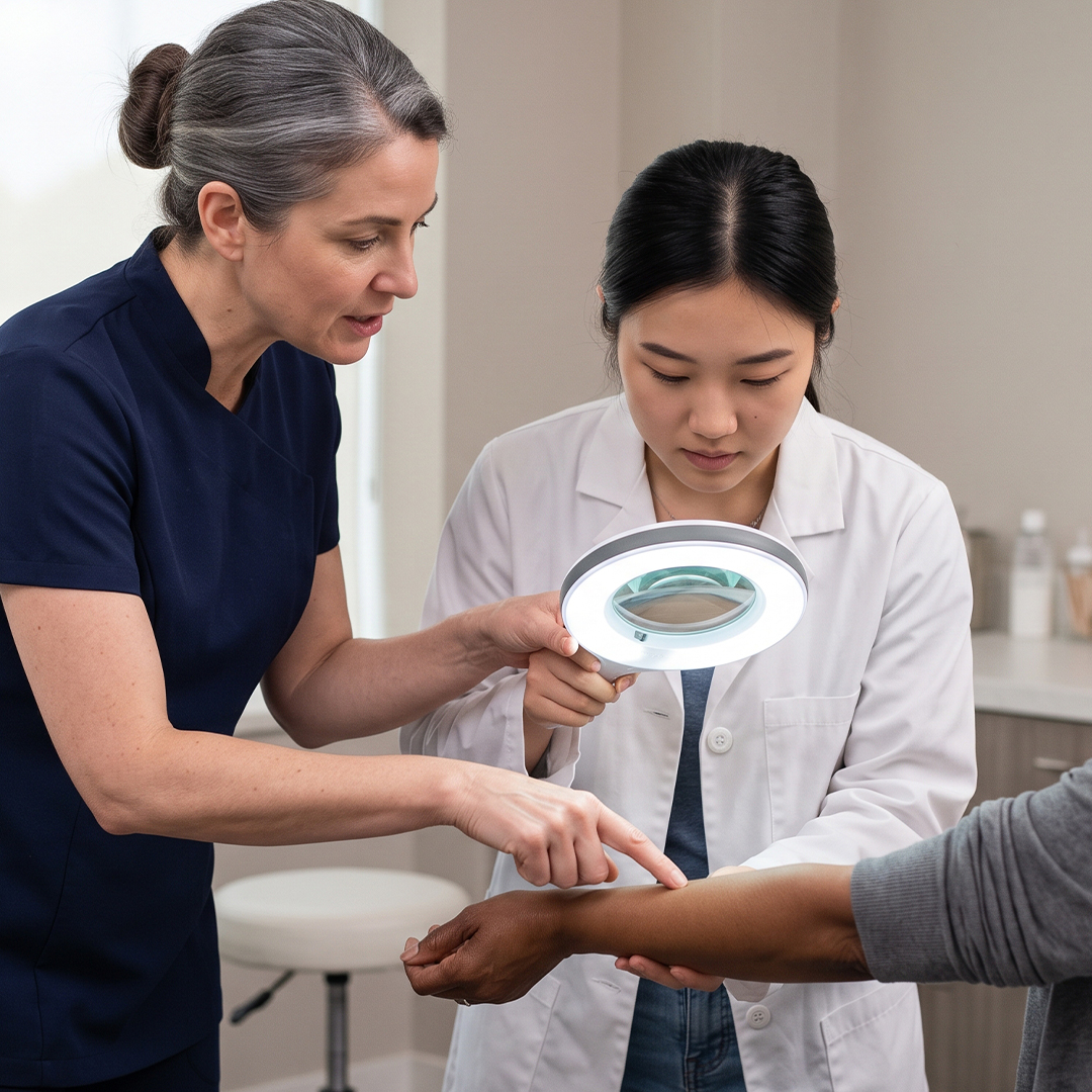 An experienced female instructor in a navy blue tunic guides a student in a white lab coat as they use a circular LED magnifying lamp to precisely analyze the skin on a client's forearm.