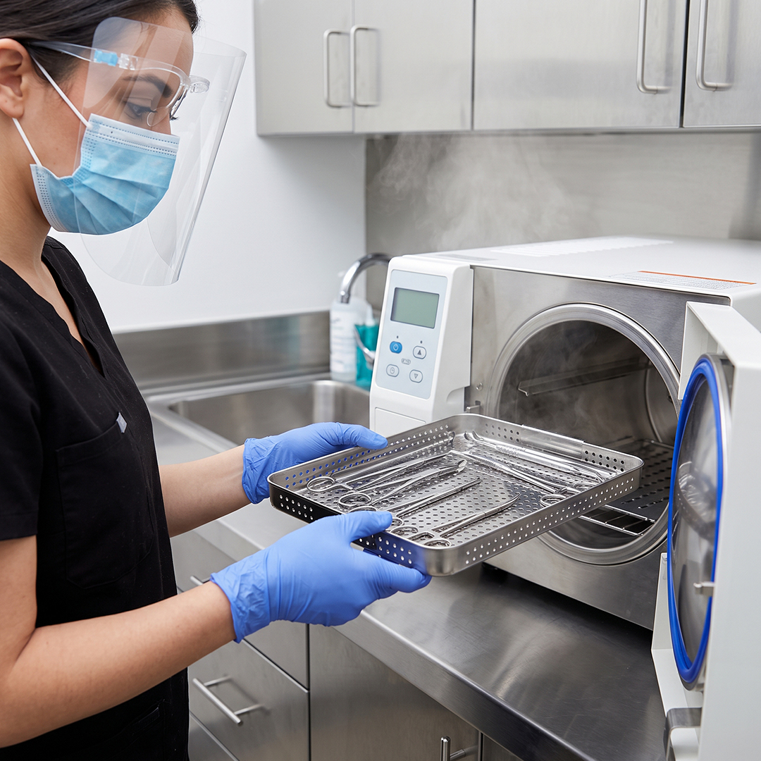 A licensed esthetician, wearing a mask and sterile gloves, carefully removes stainless steel surgical tools from a medical autoclave sterilizer in a clinical spa environment.