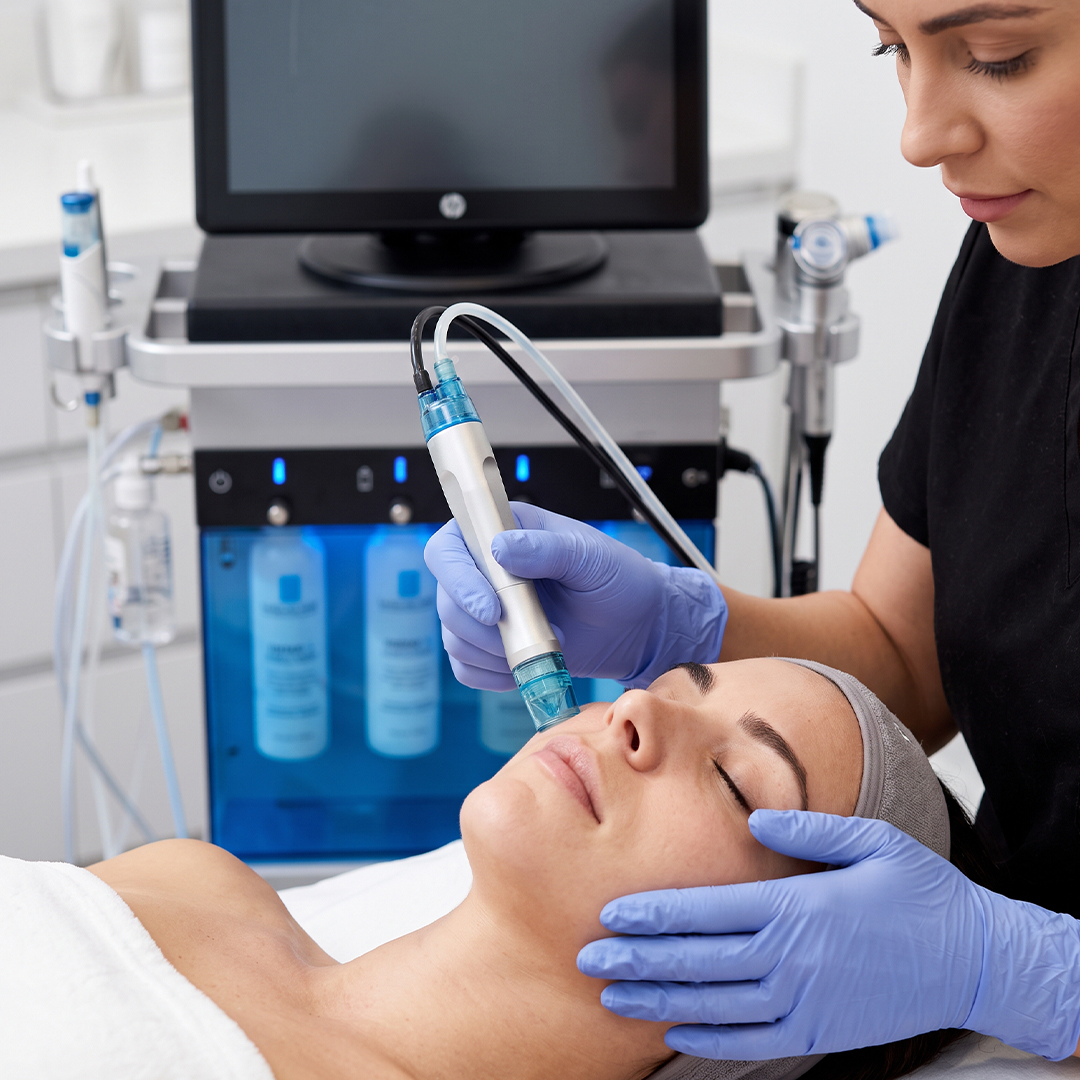 A close-up view of an esthetician's gloved hands operating a modern HydraFacial machine wand on a patient's face during a corrective skincare session.