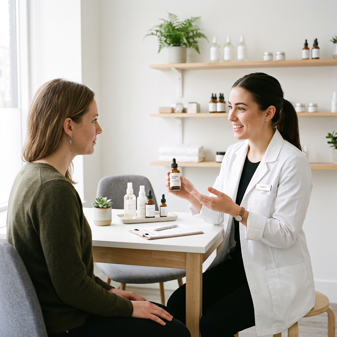A female esthetics student in a white lab coat holds a small amber bottle of serum while sitting opposite a seated client, explaining its benefits in a brightly lit, minimalist consultation area.