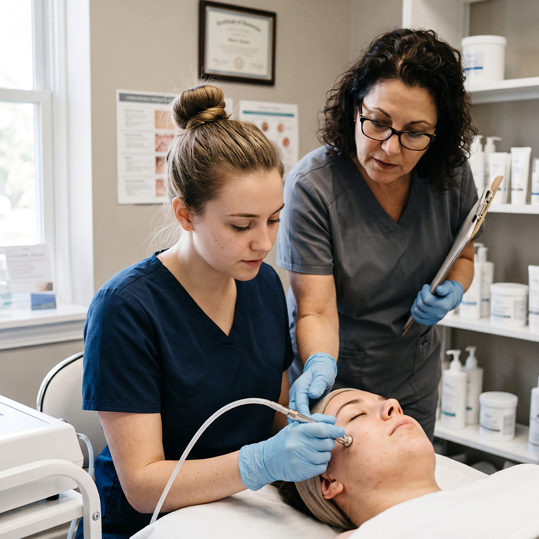 A student esthetician performs a microdermabrasion treatment under close instructor supervision.