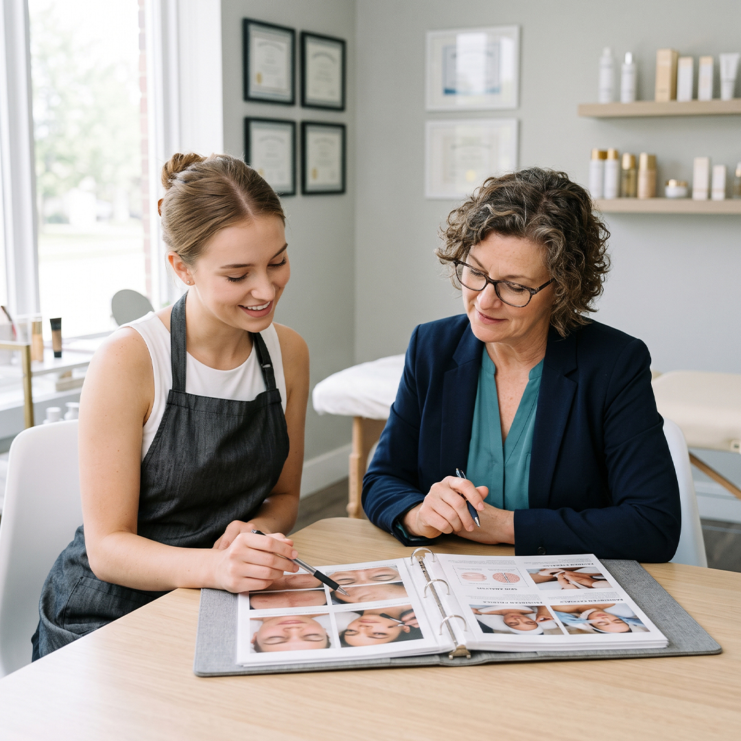 A student reviews her clean, professional esthetics portfolio with a mentor.