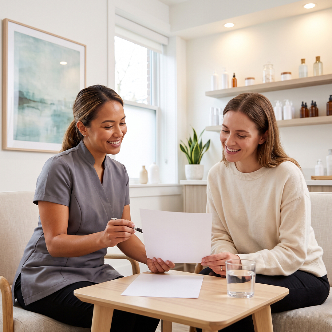 A smiling esthetician and a relaxed client review a post-procedure skincare regimen together in a bright consultation room.
