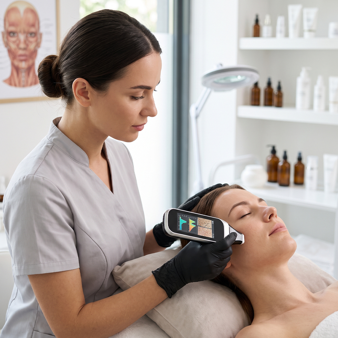 A professional esthetician uses a handheld digital skin analysis device to meticulously evaluate a client's facial skin texture and underlying conditions.